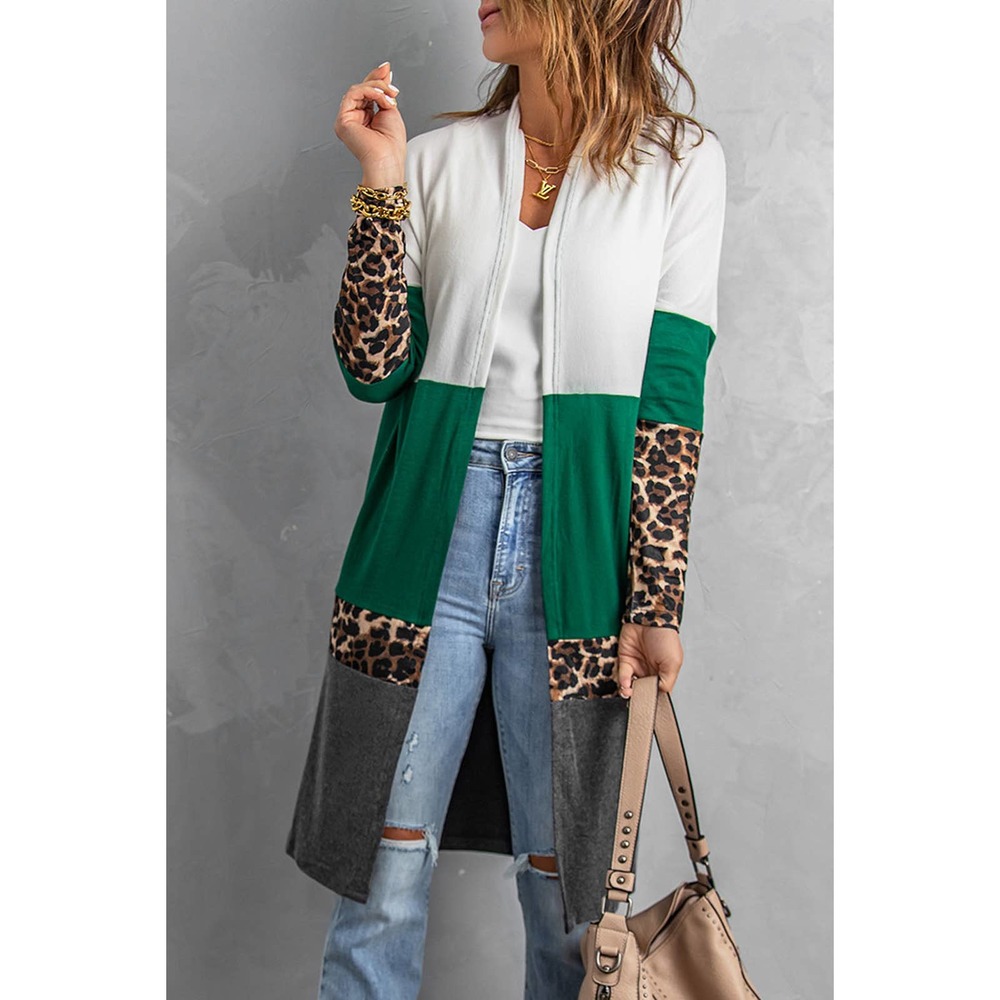 Leopard Color Block Open Front Longline Cardigan